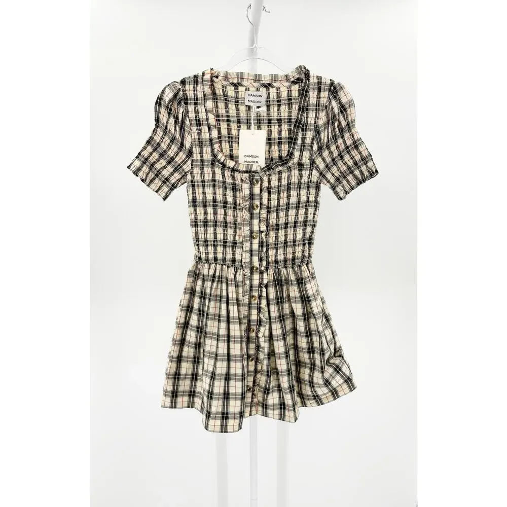 Damson Madder Mansi Plaid Organic Cotton Ruffle Floral Mini Dress Size 8 NWT